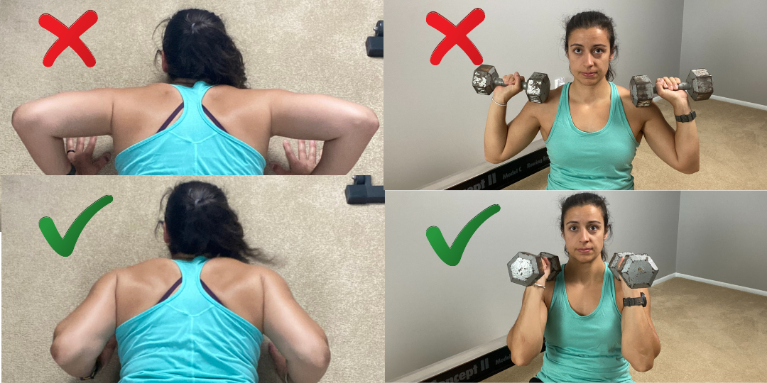 girls showing elbows in for push ups and overhead press